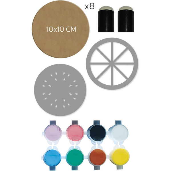 Kit créatif - Décorer sous-verres - 8 pièces en bois + Pochoirs + peinture - Aladine