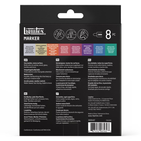 Marqueurs - Peinture acrylique - Couleurs métalliques - Pointe ronde 2mm - Lot de 8 - Liquitex
