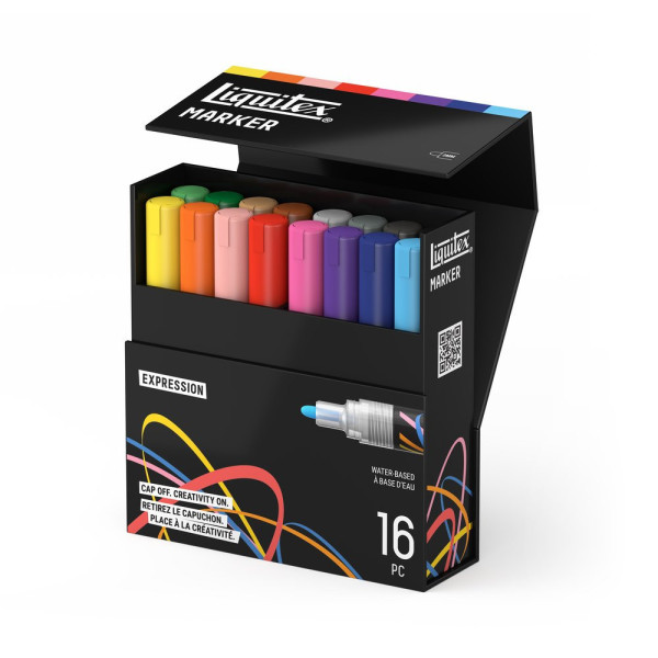 Marqueurs - Peinture acrylique - Boîte de 16 couleurs - Pointe ronde 2mm - Tous supports - Liquitex