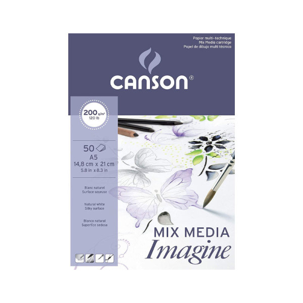 Papier multitechnique blanc - A5 (14,8x21cm) - 200g/m2 - bloc de 50 feuilles - Mix Media Imagine - Canson | Artmania