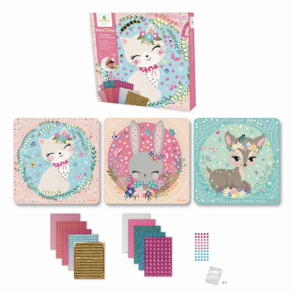 Jeu créatif - Mosaïques à coller - 3 tableaux animaux mignons - Dès 5 ans - Loisirs créatifs