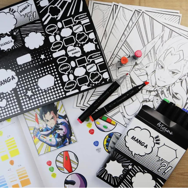 Manga - Coffret de 8 marqueurs + 10 papier layout Manga - Dès 10 ans - Sycomore