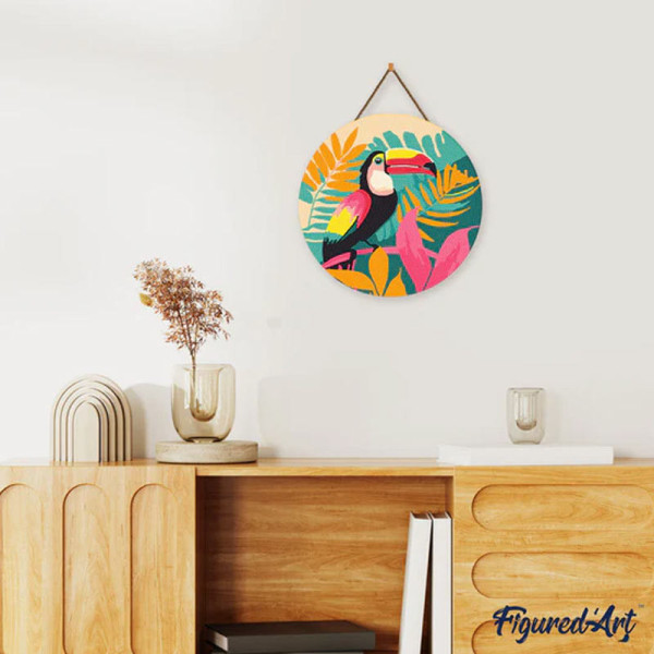 Diamond painting - Support disque en bois - Modèle toucan coloré - 30cm diamètre - Figured'Art