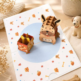photo-Carte 3D pop-up - Anniversaire - Vœux - Petit chien mignon - 12x17cm - Avec enveloppe