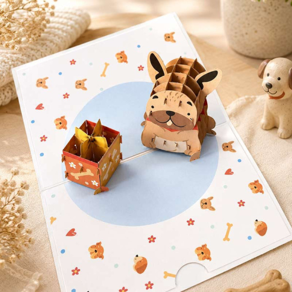 photo-Carte 3D pop-up - Anniversaire - Vœux - Petit chien mignon - 12x17cm - Avec enveloppe