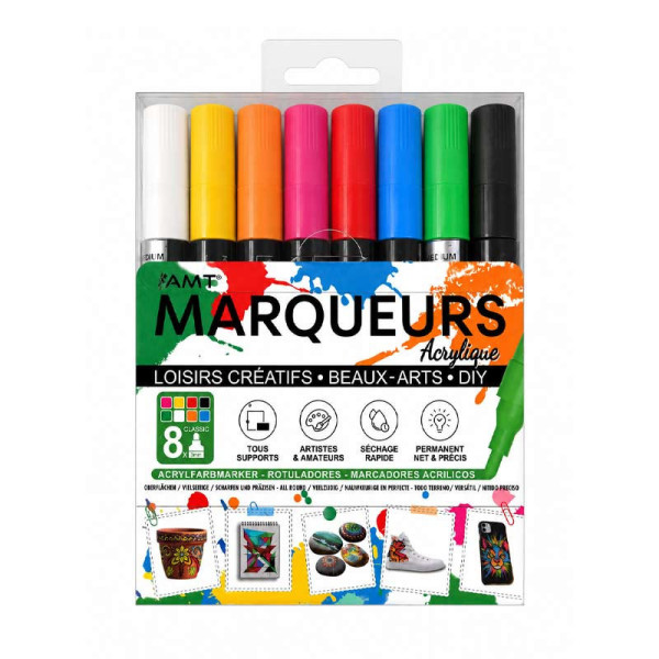 photo-Marqueurs - Encre acrylique - 8 couleurs classiques - Pointe ronde 3mm - Tous supports