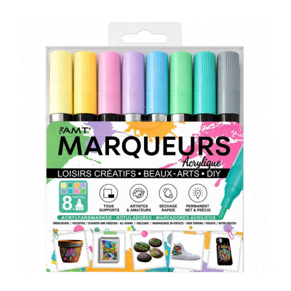 photo-Marqueurs - Encre acrylique - 8 couleurs pastels - Pointe ronde 3mm - Tous supports