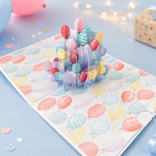 photo-Carte 3D pop-up - Anniversaire - Enfant - Ballons en fête - 12x17cm - Avec enveloppe
