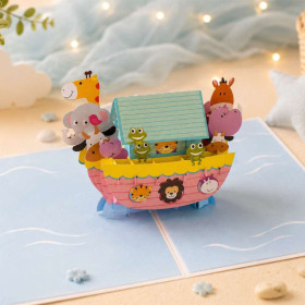 photo-Carte 3D pop-up - Anniversaire - Enfant - Les animaux de l'arche de Noé - 12x17cm - Avec enveloppe