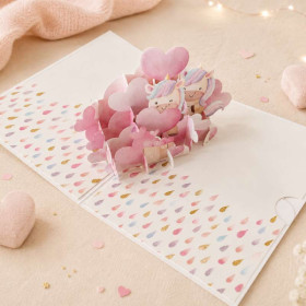 photo-Carte 3D pop-up - Anniversaire - Vœux - Licornes et cœurs - 12x17cm - Avec enveloppe