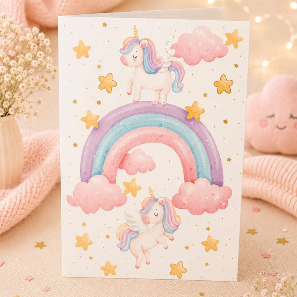 Carte 3D pop-up - Anniversaire - Enfant - Licorne et arc-en-ciel - 12x17cm - Avec enveloppe