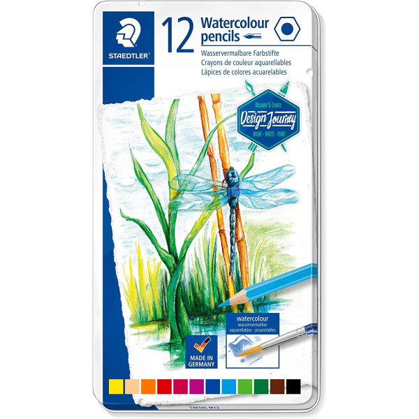 photo-12 crayons de couleur aquarellables - Etui en métal - Design Journey - Staedtler
