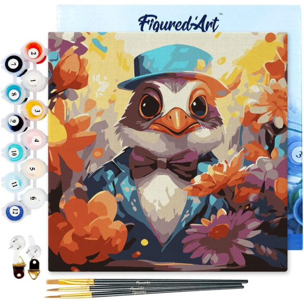 photo-Peinture par numéro - Modèle Oiseau - 20x20cm - Toile tendue + pinceaux + peinture - Débutant - Figured'Art