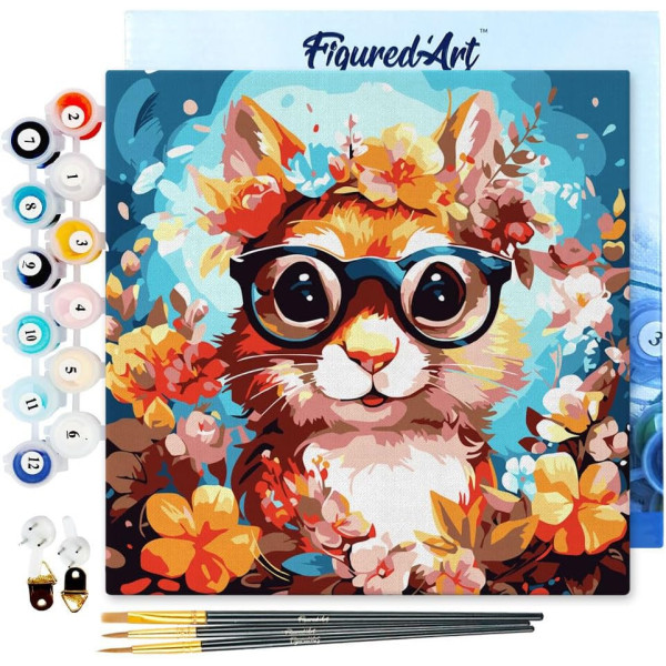 photo-Peinture par numéro - Modèle Ecureuil - 20x20cm - Toile tendue + pinceaux + peinture - Débutant - Figured'Art