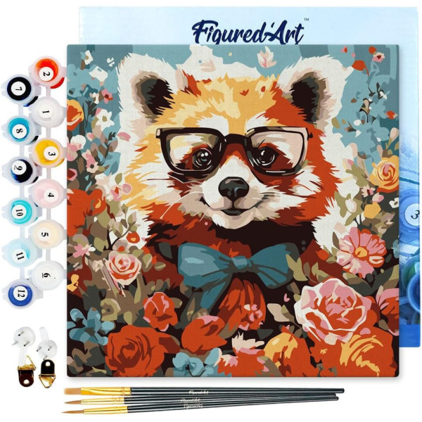photo-Peinture par numéro - Modèle Panda roux - 20x20cm - Toile tendue + pinceaux + peinture - Débutant - Figured'Art