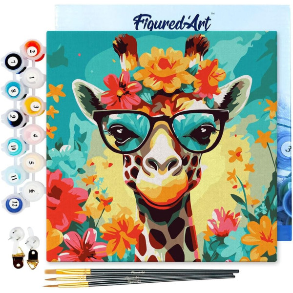 photo-Peinture par numéro - Modèle Girafe - 20x20cm - Toile tendue + pinceaux + peinture - Débutant - Figured'Art