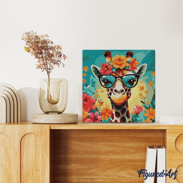 Peinture par numéro - Modèle Girafe - 20x20cm - Toile tendue + pinceaux + peinture - Débutant - Figured'Art