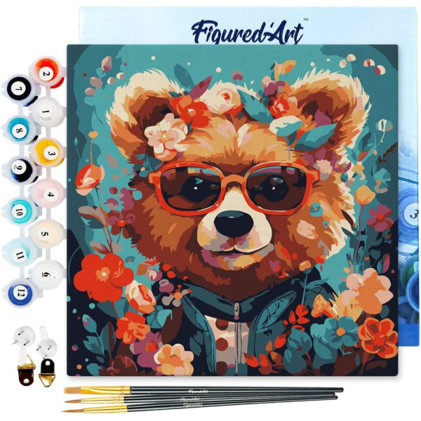 photo-Peinture par numéro - Modèle Ourson - 20x20cm - Toile tendue + pinceaux + peinture - Débutant - Figured'Art