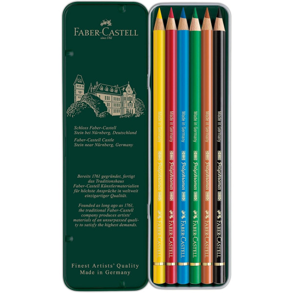 Crayons de couleur - Faber-Castell - Polychromos - 6 couleurs - Boite métal
