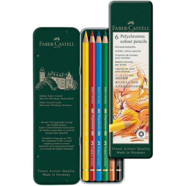 Crayons de couleur - Faber-Castell - Polychromos - 6 couleurs - Boite métal