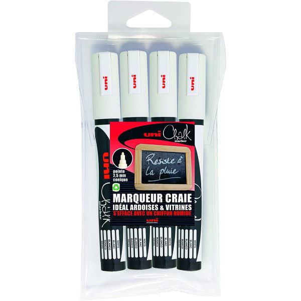 photo-Lot de 4 marqueurs craies Uni Chalk PWE5M pointe conique moyenne coloris blanc