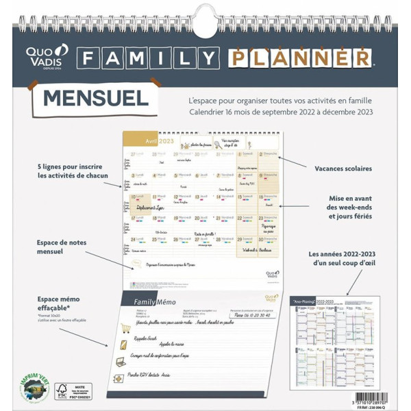 Calendrier 2022/2023 Family Planner - 30 X 30 Cm - Quo Vadis