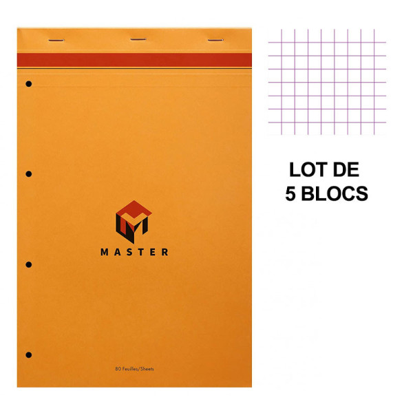photo-Lot de 5 blocs notes - A4+ - 21x31,8 cm - Petits Carreaux - 80 feuilles - Master