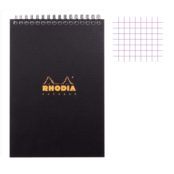 photo-Bloc notes - A4 - 21 x 29,7 cm - Petits Carreaux - 80 feuilles - Noir - Avec spirale - Rhodia - Gamme NotePad