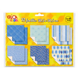 photo-Feuilles de papier -  Scrapbooking – Assortiment 12 feuilles – 30,5 x 30,5 cm – Tons bleus