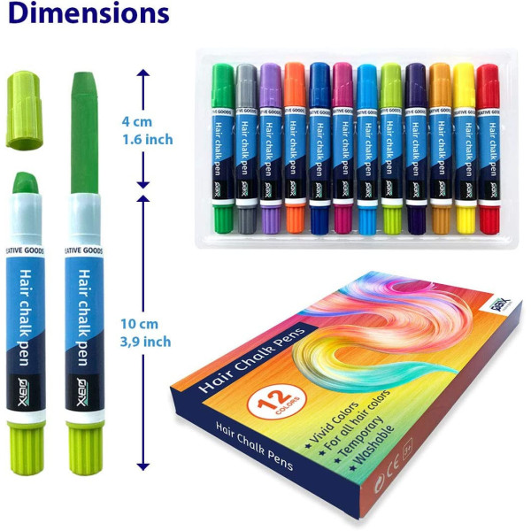 Crayons pour cheveux - Couleur temporaire - Non permanent - Déguisement - 12 couleurs - QBIX