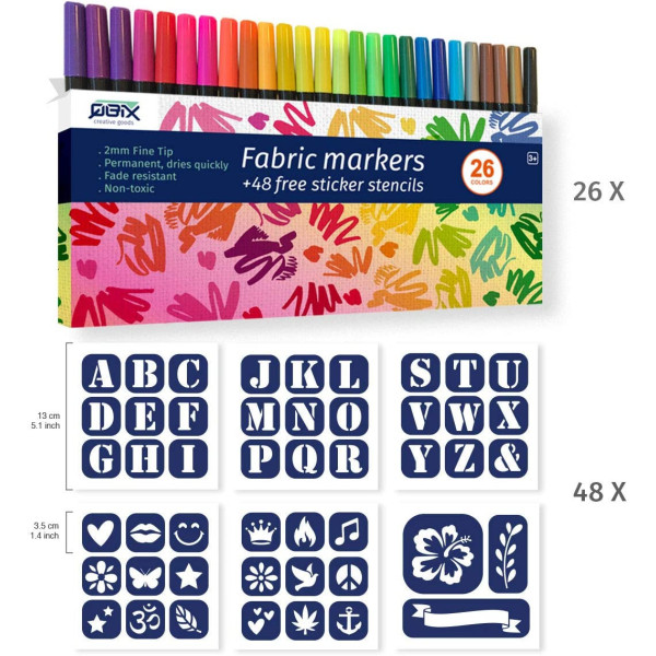 26 feutres de couleur - Textile - Vêtement - Avec 48 pochoirs - QBIX
