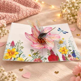 Carte 3D pop-up anniversaire et vœux - Libellule et fleur - 12 x 17 cm