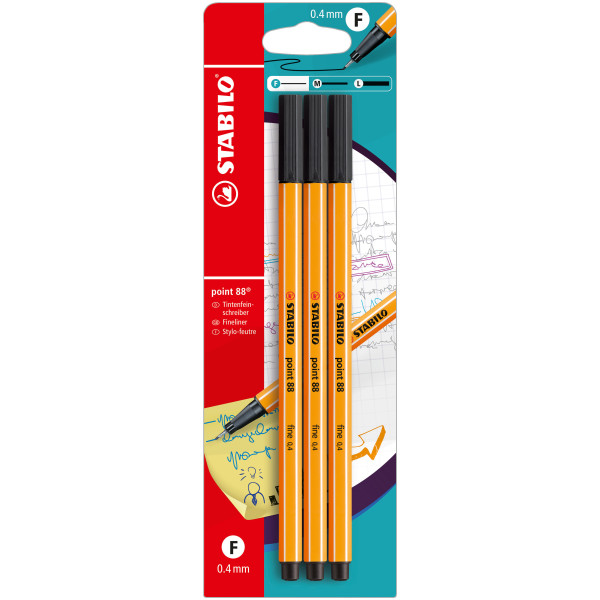 photo-Blister de 3 stylos-feutres STABILO point 88 - pointe fine - noir