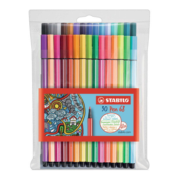photo-Pochette de 30 feutres de dessin STABILO Pen 68 - pointe moyenne - coloris assortis dont 6 fluo