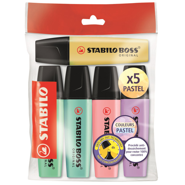 photo-Ecopack de 5 surligneurs STABILO BOSS ORIGINAL Pastel