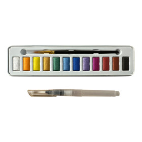 Peinture aquarelle - Boîte 12 godets - Couleurs métallisées - 2 pinceaux inclus - AMT