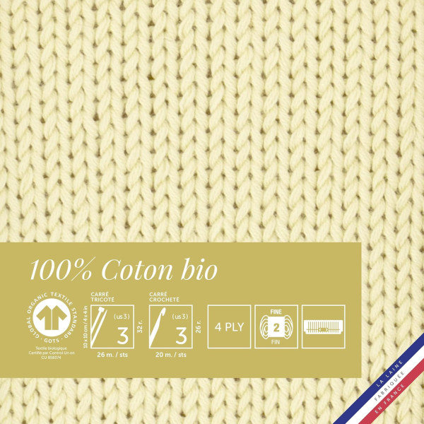 10 pelotes de laine - Paille - 100% coton bio - 3mm - Tricot et crochet - Bergère de France