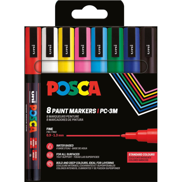 Pochette 8 marqueurs POSCA - PC3M - Couleurs basiques - Pointe fine - 0,9-1,3mm