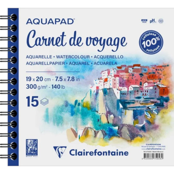 Carnet de voyage - Aquarelle - Spirales - 19x20 cm - 15 feuilles - 300g - Aquapad - Clairefontaine
