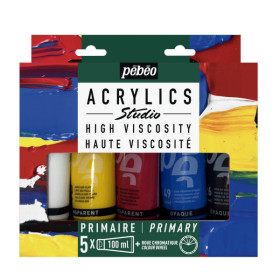 Peinture acrylique - Haut viscosité - Coffret 5 tubes 100ml - Couleurs primaires - Pébéo Studio