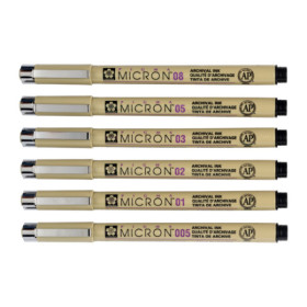 Lot de 6 fineliners noirs Sakura Pigma Micron – tailles 005 à 08