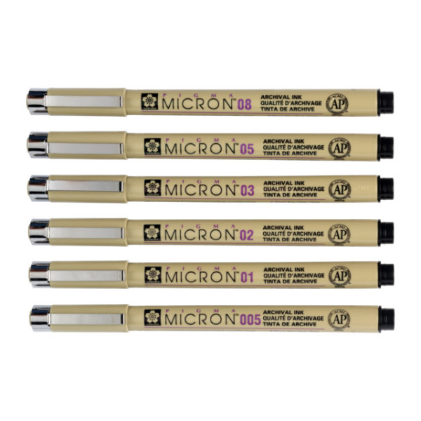 Lot de 6 fineliners noirs Sakura Pigma Micron – tailles 005 à 08