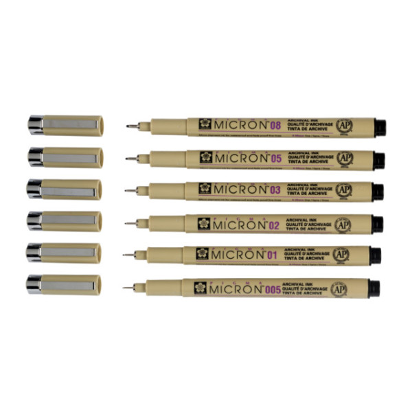 Lot de 6 fineliners noirs Sakura Pigma Micron – tailles 005 à 08