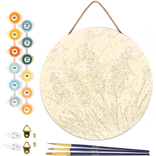 Peinture par numéro - Modèle lavande - 30cm diamètre - Support bois + pinceaux + peinture - Débutant - Figured'Art