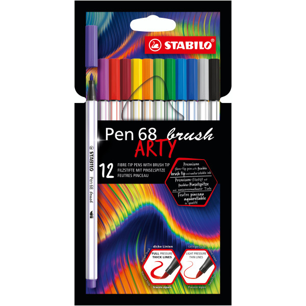 photo-Etui carton de 12 feutres pinceau STABILO Pen 68 brush ARTY - pointe pinceau