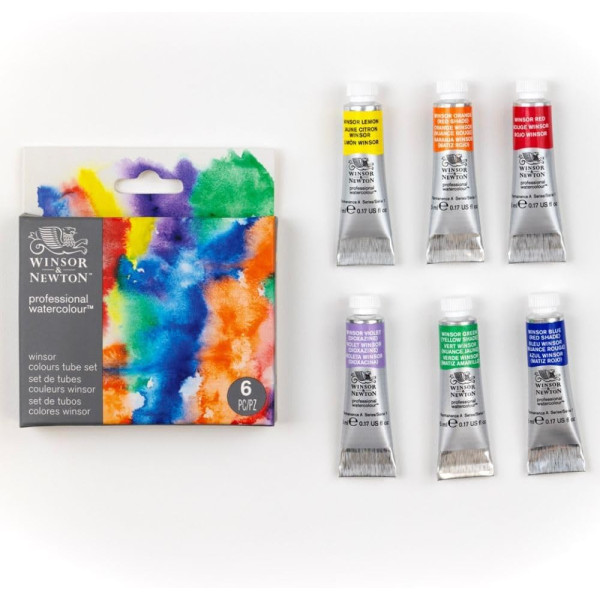 Peinture aquarelle - 6 couleurs winsor - Winsor et Newton - 6 tubes de 5ml