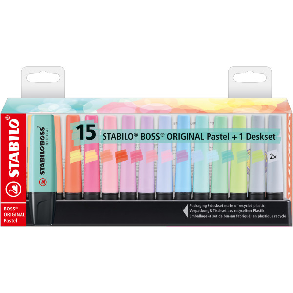 photo-Set de bureau de 15 surligneurs STABILO BOSS ORIGINAL Pastel
