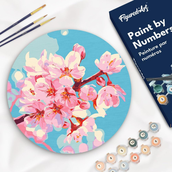 Peinture par numéros Figured’Art Fleurs de cerisier – disque en bois 30 cm