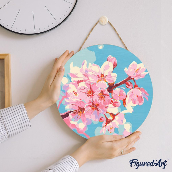Peinture par numéros Figured’Art Fleurs de cerisier – disque en bois 30 cm