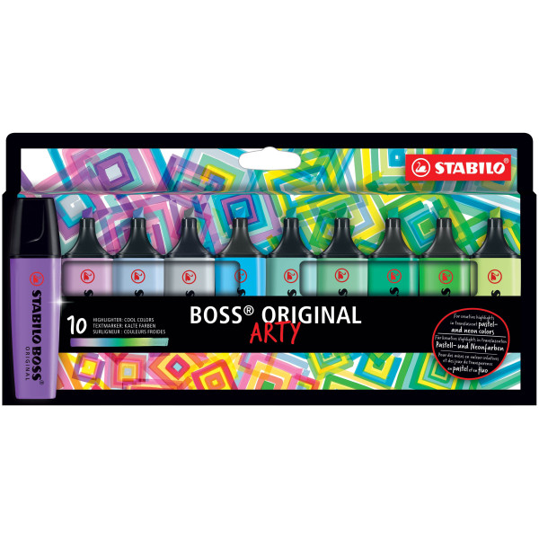 photo-Etui carton de 10 surligneurs STABILO BOSS ORIGINAL ARTY - couleurs froides
